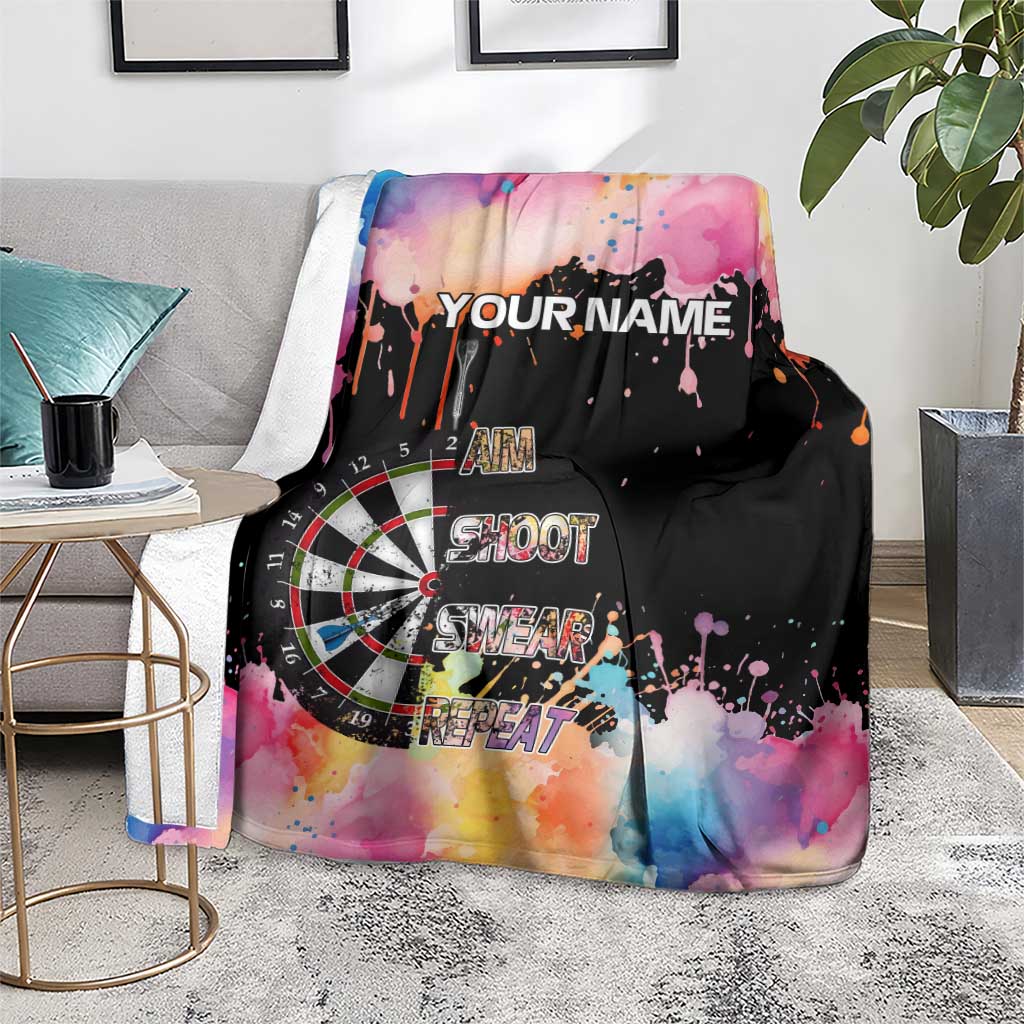 Dartboard and Colorful Paint Splash Darts Blanket with Aim Shoot Swear Repeat Quote Custom Name - Wonder Print Shop