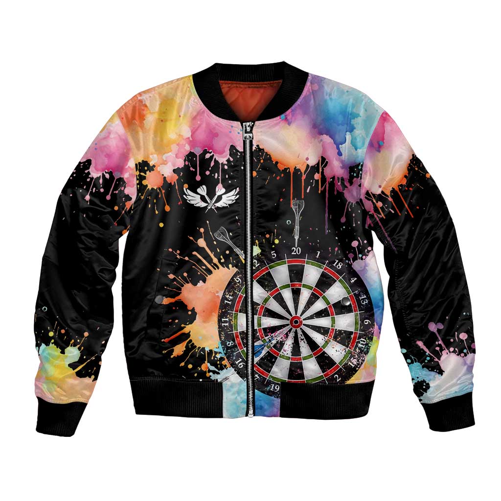 Dartboard and Colorful Paint Splash Darts Bomber Jacket with Aim Shoot Swear Repeat Quote Custom Name TS04