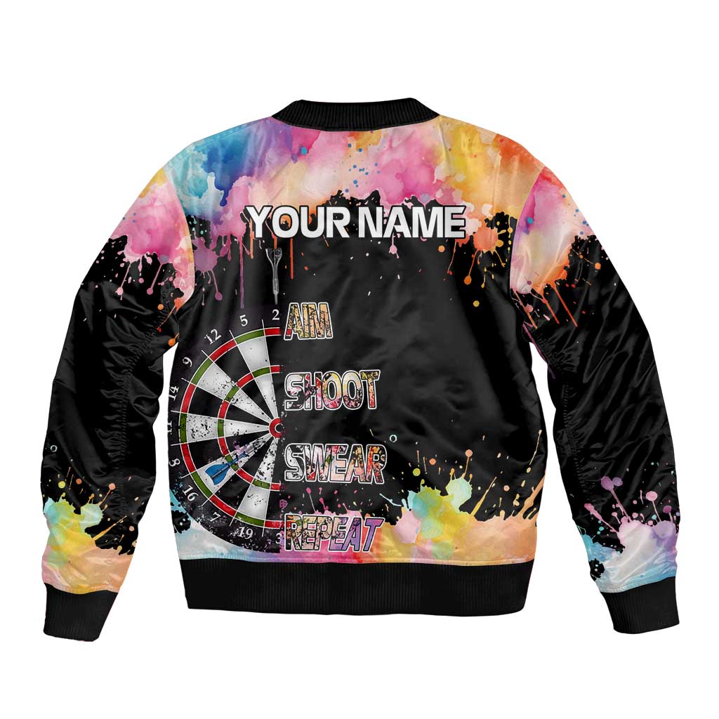 Dartboard and Colorful Paint Splash Darts Bomber Jacket with Aim Shoot Swear Repeat Quote Custom Name TS04
