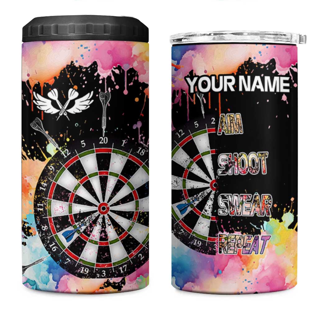 Dartboard and Colorful Paint Splash Darts 4 in 1 Can Cooler Tumbler with Aim Shoot Swear Repeat Quote Custom Name - Wonder Print Shop