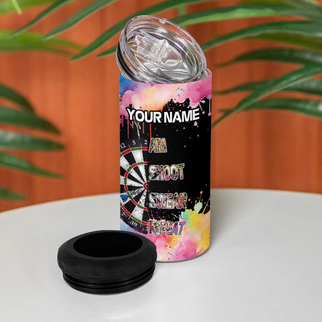 Dartboard and Colorful Paint Splash Darts 4 in 1 Can Cooler Tumbler with Aim Shoot Swear Repeat Quote Custom Name - Wonder Print Shop