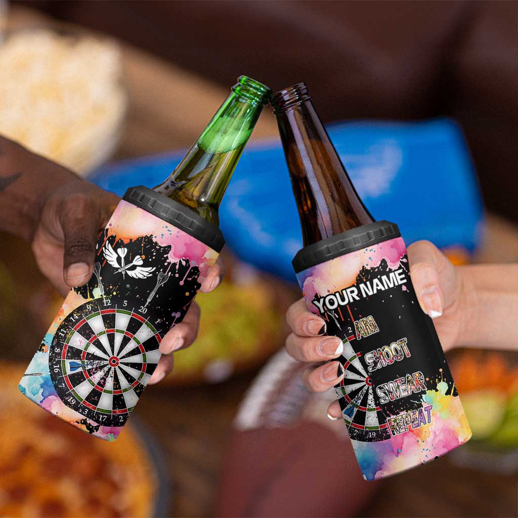Dartboard and Colorful Paint Splash Darts 4 in 1 Can Cooler Tumbler with Aim Shoot Swear Repeat Quote Custom Name - Wonder Print Shop