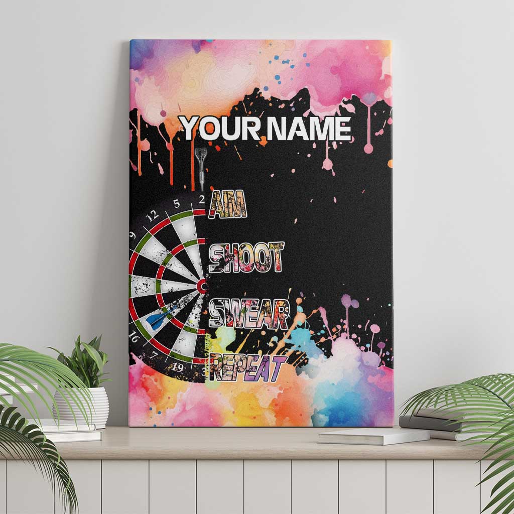 Dartboard and Colorful Paint Splash Darts Canvas Wall Art with Aim Shoot Swear Repeat Quote Custom Name - Wonder Print Shop