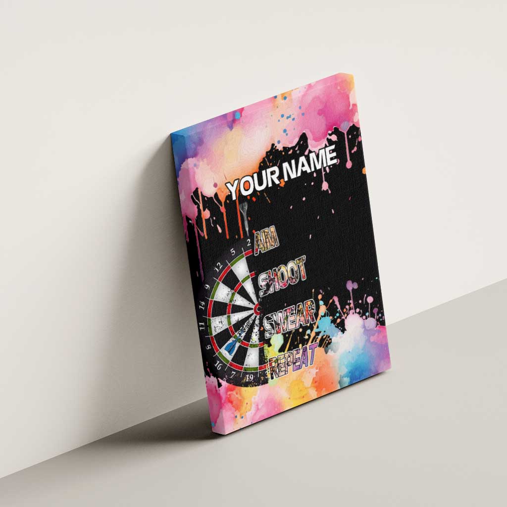 Dartboard and Colorful Paint Splash Darts Canvas Wall Art with Aim Shoot Swear Repeat Quote Custom Name - Wonder Print Shop