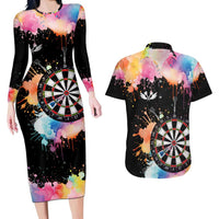 Dartboard and Colorful Paint Splash Darts Couples Matching Long Sleeve Bodycon Dress and Hawaiian Shirt with Aim Shoot Swear Repeat Quote Custom Name TS04