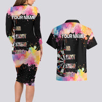Dartboard and Colorful Paint Splash Darts Couples Matching Long Sleeve Bodycon Dress and Hawaiian Shirt with Aim Shoot Swear Repeat Quote Custom Name TS04