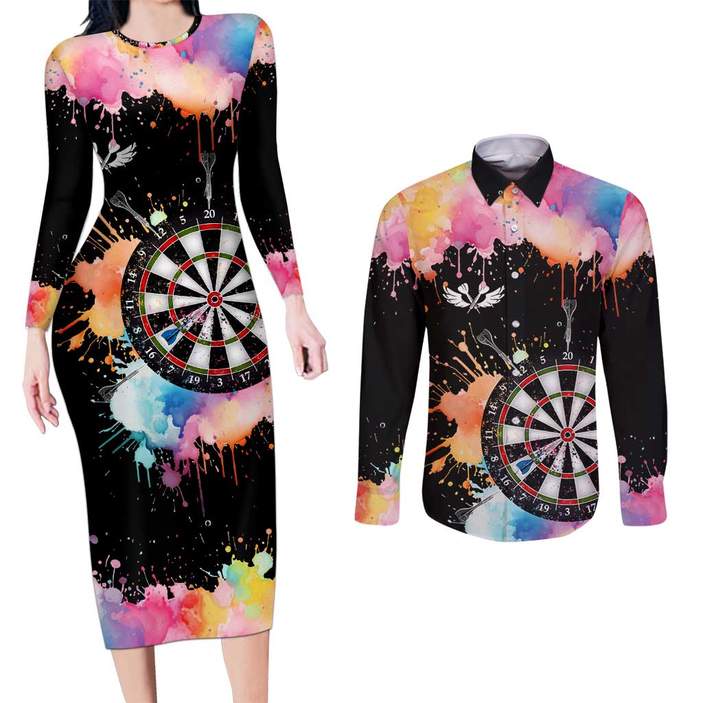 Dartboard and Colorful Paint Splash Darts Couples Matching Long Sleeve Bodycon Dress and Long Sleeve Button Shirt with Aim Shoot Swear Repeat Quote Custom Name TS04