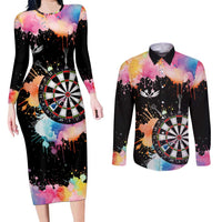 Dartboard and Colorful Paint Splash Darts Couples Matching Long Sleeve Bodycon Dress and Long Sleeve Button Shirt with Aim Shoot Swear Repeat Quote Custom Name TS04