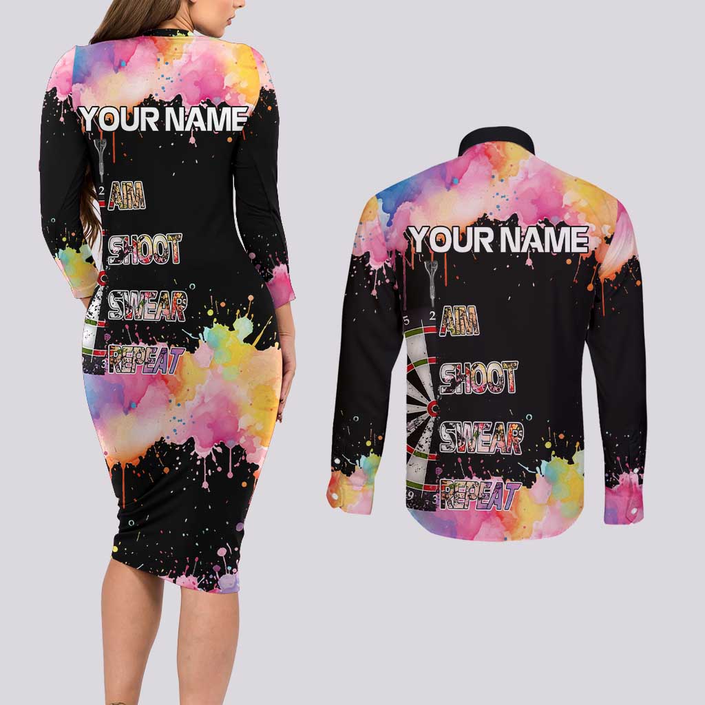 Dartboard and Colorful Paint Splash Darts Couples Matching Long Sleeve Bodycon Dress and Long Sleeve Button Shirt with Aim Shoot Swear Repeat Quote Custom Name TS04