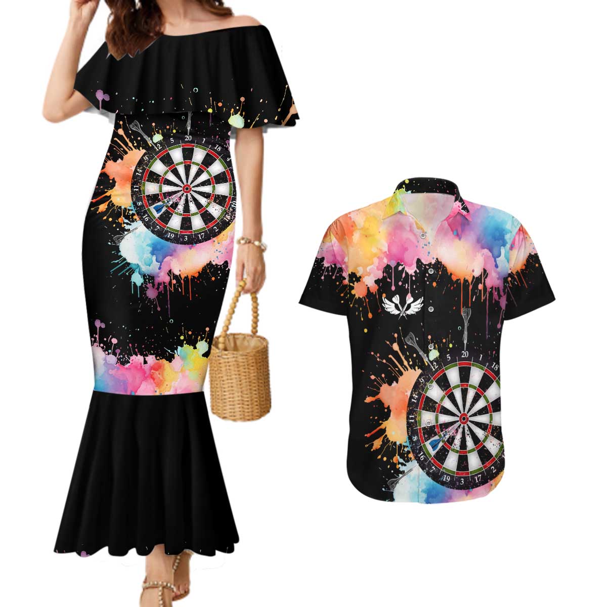 Dartboard and Colorful Paint Splash Darts Couples Matching Mermaid Dress and Hawaiian Shirt with Aim Shoot Swear Repeat Quote Custom Name TS04