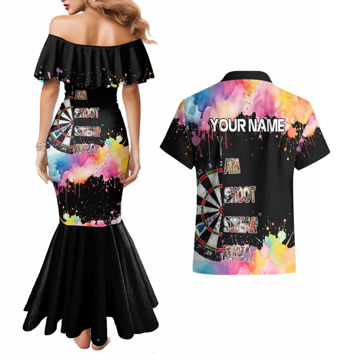 Dartboard and Colorful Paint Splash Darts Couples Matching Mermaid Dress and Hawaiian Shirt with Aim Shoot Swear Repeat Quote Custom Name TS04