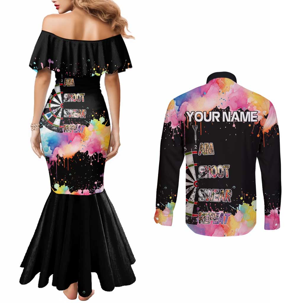 Dartboard and Colorful Paint Splash Darts Couples Matching Mermaid Dress and Long Sleeve Button Shirt with Aim Shoot Swear Repeat Quote Custom Name TS04