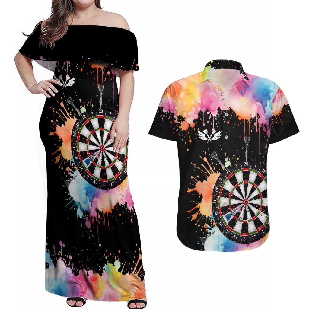Dartboard and Colorful Paint Splash Darts Couples Matching Off Shoulder Maxi Dress and Hawaiian Shirt with Aim Shoot Swear Repeat Quote Custom Name TS04