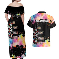 Dartboard and Colorful Paint Splash Darts Couples Matching Off Shoulder Maxi Dress and Hawaiian Shirt with Aim Shoot Swear Repeat Quote Custom Name TS04