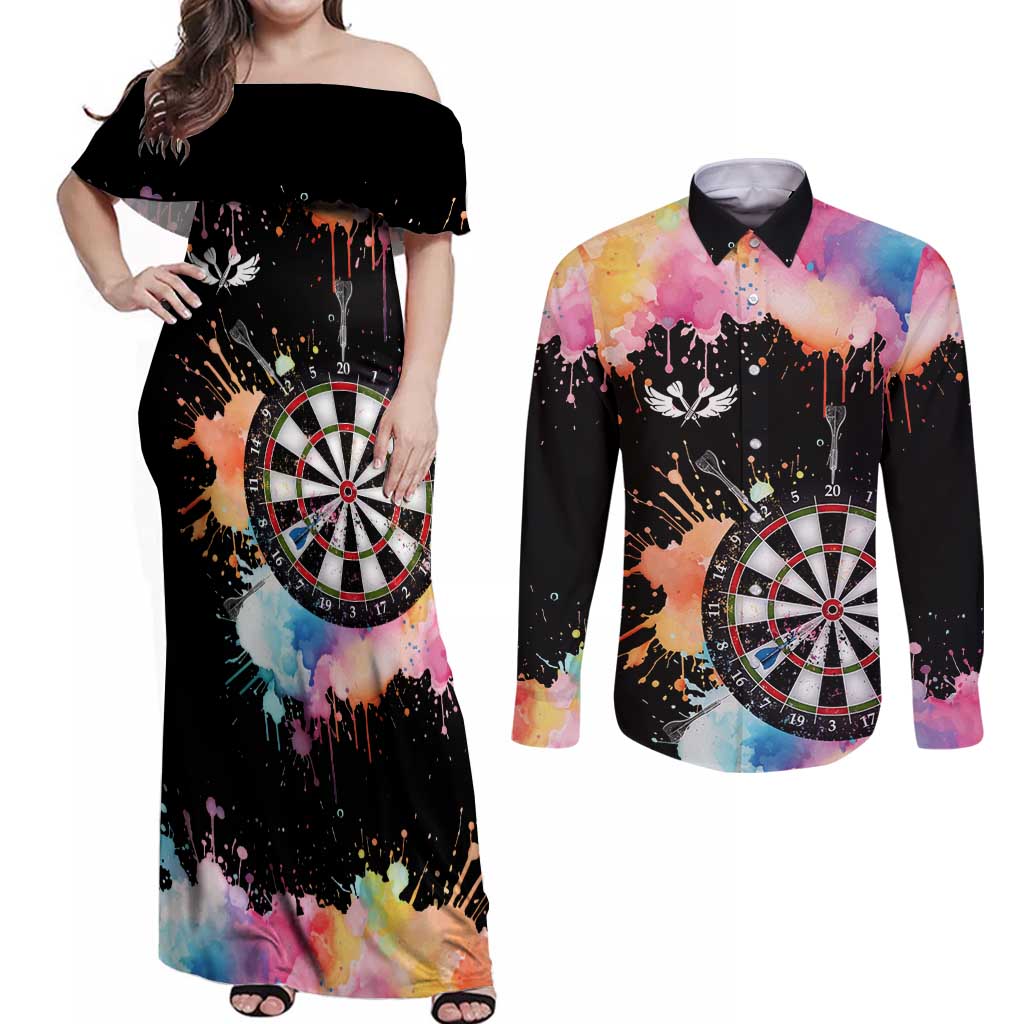 Dartboard and Colorful Paint Splash Darts Couples Matching Off Shoulder Maxi Dress and Long Sleeve Button Shirt with Aim Shoot Swear Repeat Quote Custom Name TS04