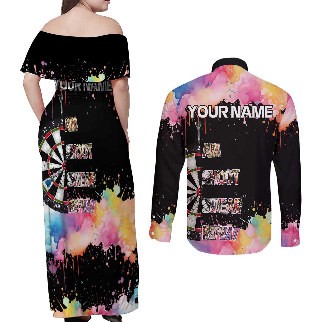 Dartboard and Colorful Paint Splash Darts Couples Matching Off Shoulder Maxi Dress and Long Sleeve Button Shirt with Aim Shoot Swear Repeat Quote Custom Name TS04
