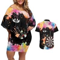 Dartboard and Colorful Paint Splash Darts Couples Matching Off Shoulder Short Dress and Hawaiian Shirt with Aim Shoot Swear Repeat Quote Custom Name TS04