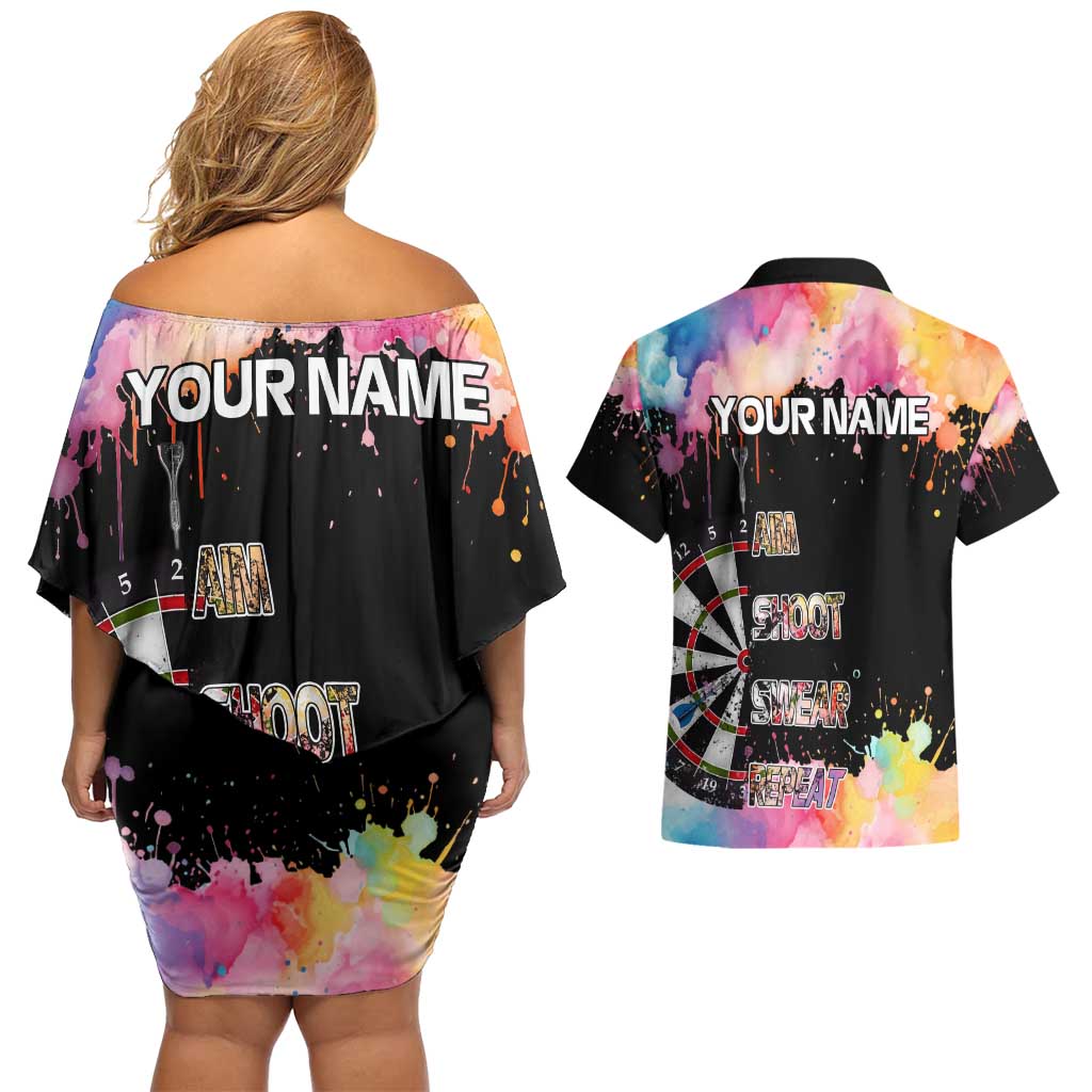 Dartboard and Colorful Paint Splash Darts Couples Matching Off Shoulder Short Dress and Hawaiian Shirt with Aim Shoot Swear Repeat Quote Custom Name TS04