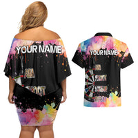 Dartboard and Colorful Paint Splash Darts Couples Matching Off Shoulder Short Dress and Hawaiian Shirt with Aim Shoot Swear Repeat Quote Custom Name TS04
