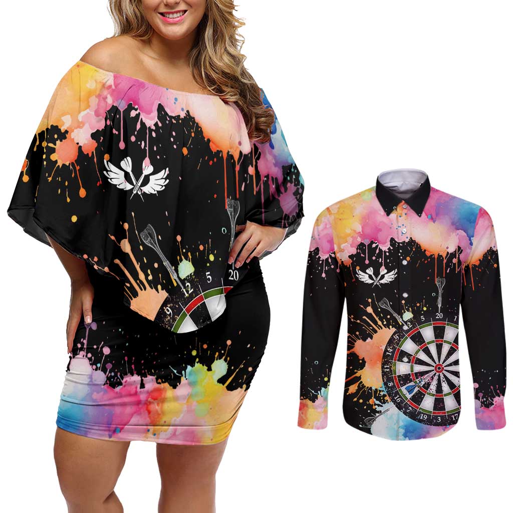 Dartboard and Colorful Paint Splash Darts Couples Matching Off Shoulder Short Dress and Long Sleeve Button Shirt with Aim Shoot Swear Repeat Quote Custom Name TS04