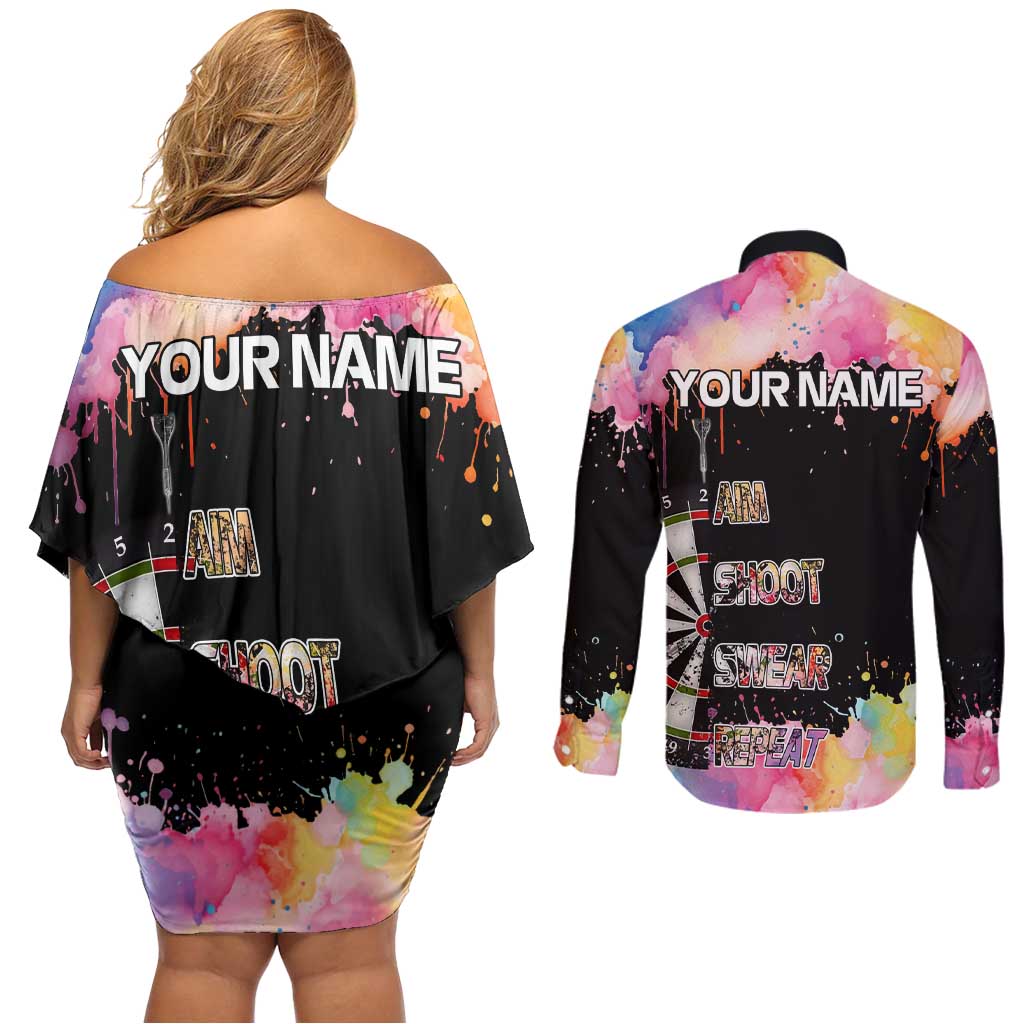 Dartboard and Colorful Paint Splash Darts Couples Matching Off Shoulder Short Dress and Long Sleeve Button Shirt with Aim Shoot Swear Repeat Quote Custom Name TS04