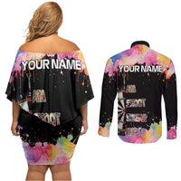 Dartboard and Colorful Paint Splash Darts Couples Matching Off Shoulder Short Dress and Long Sleeve Button Shirt with Aim Shoot Swear Repeat Quote Custom Name TS04