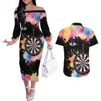 Dartboard and Colorful Paint Splash Darts Couples Matching Off The Shoulder Long Sleeve Dress and Hawaiian Shirt with Aim Shoot Swear Repeat Quote Custom Name TS04