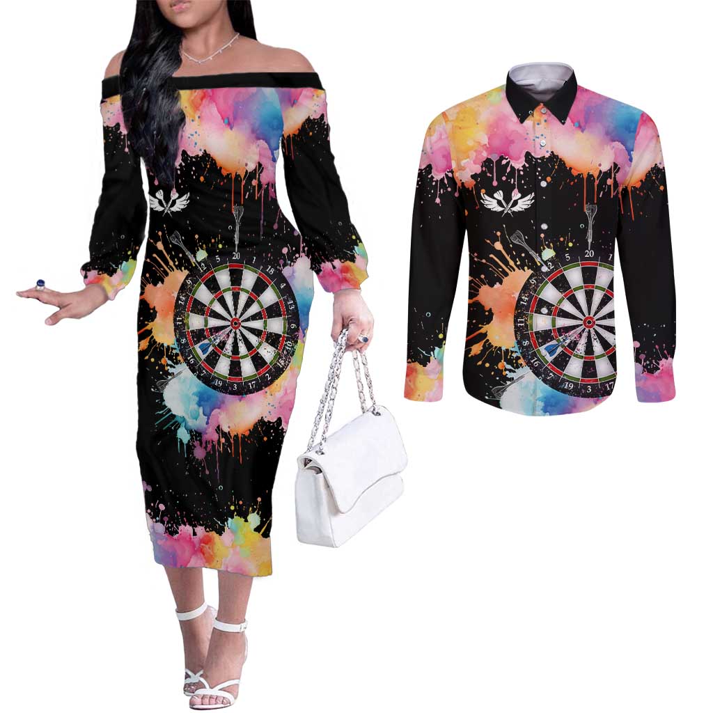 Dartboard and Colorful Paint Splash Darts Couples Matching Off The Shoulder Long Sleeve Dress and Long Sleeve Button Shirt with Aim Shoot Swear Repeat Quote Custom Name TS04