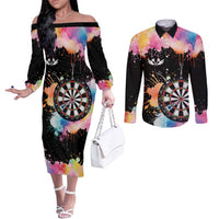 Dartboard and Colorful Paint Splash Darts Couples Matching Off The Shoulder Long Sleeve Dress and Long Sleeve Button Shirt with Aim Shoot Swear Repeat Quote Custom Name TS04