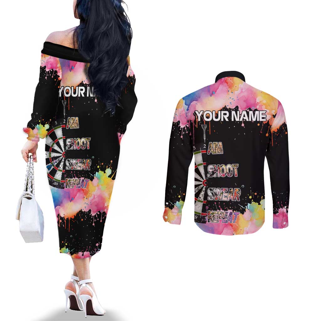 Dartboard and Colorful Paint Splash Darts Couples Matching Off The Shoulder Long Sleeve Dress and Long Sleeve Button Shirt with Aim Shoot Swear Repeat Quote Custom Name TS04
