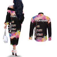 Dartboard and Colorful Paint Splash Darts Couples Matching Off The Shoulder Long Sleeve Dress and Long Sleeve Button Shirt with Aim Shoot Swear Repeat Quote Custom Name TS04