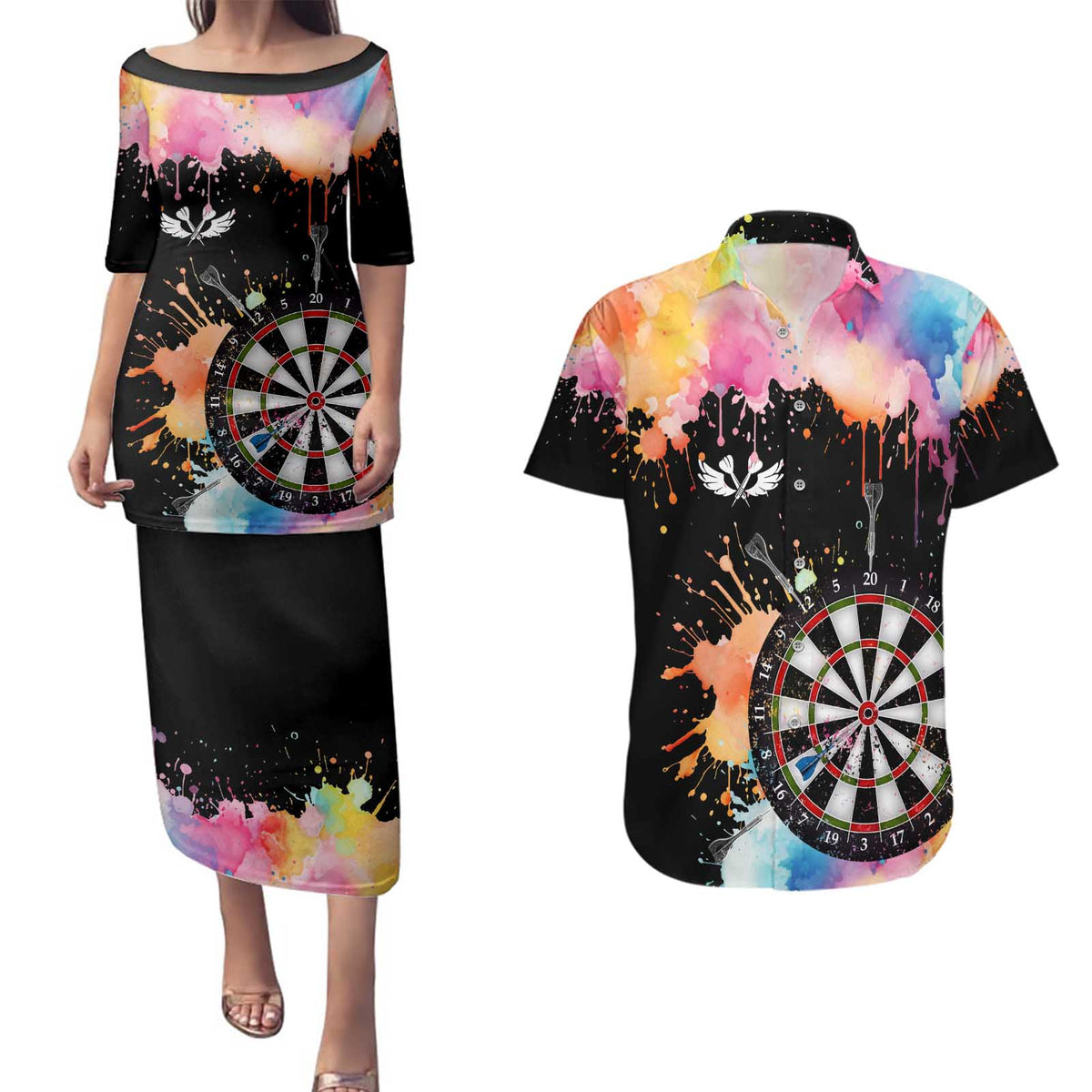 Dartboard and Colorful Paint Splash Darts Couples Matching Puletasi and Hawaiian Shirt with Aim Shoot Swear Repeat Quote Custom Name TS04