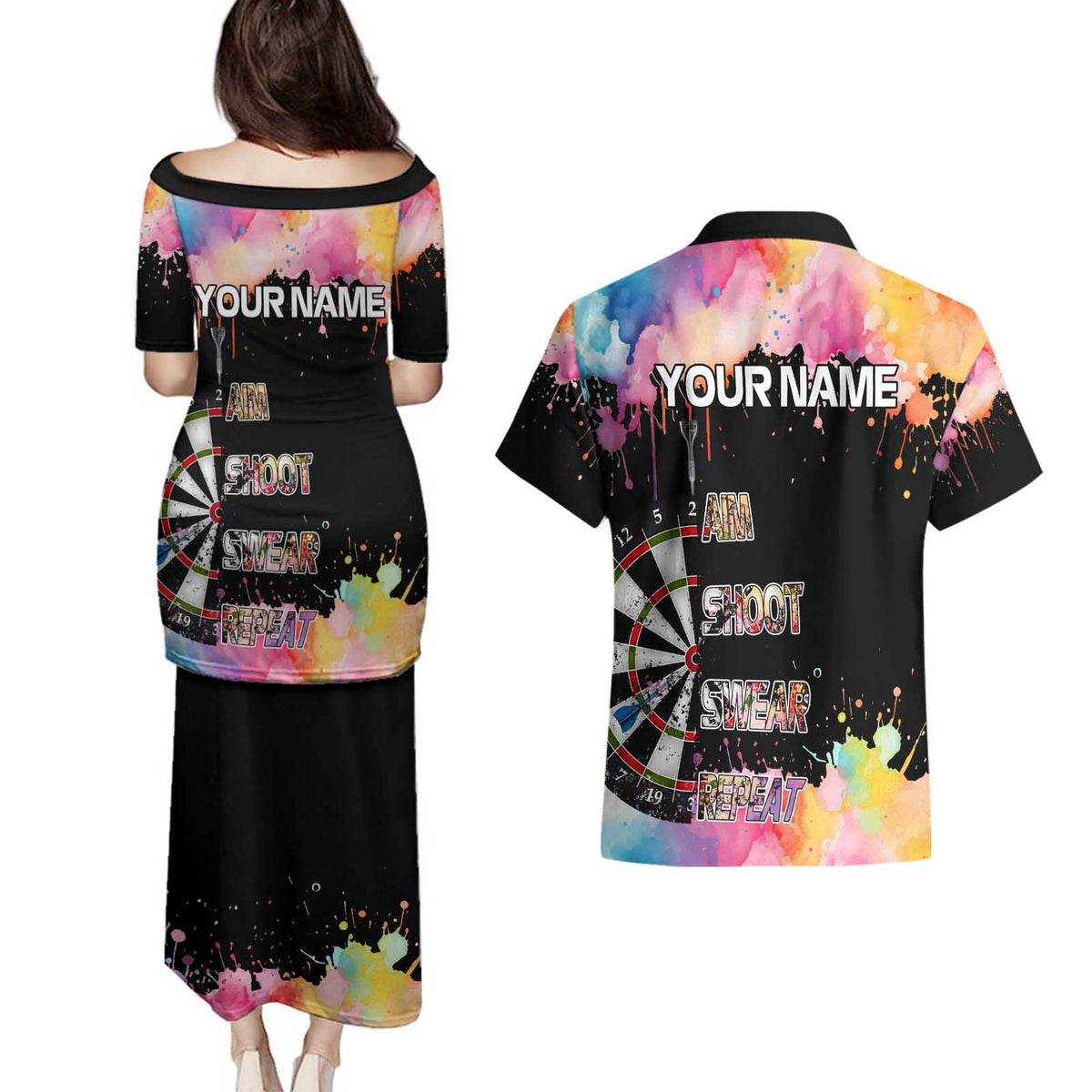 Dartboard and Colorful Paint Splash Darts Couples Matching Puletasi and Hawaiian Shirt with Aim Shoot Swear Repeat Quote Custom Name TS04
