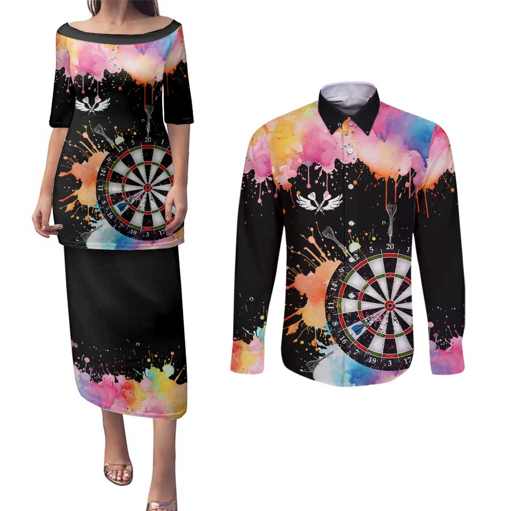 Dartboard and Colorful Paint Splash Darts Couples Matching Puletasi and Long Sleeve Button Shirt with Aim Shoot Swear Repeat Quote Custom Name TS04