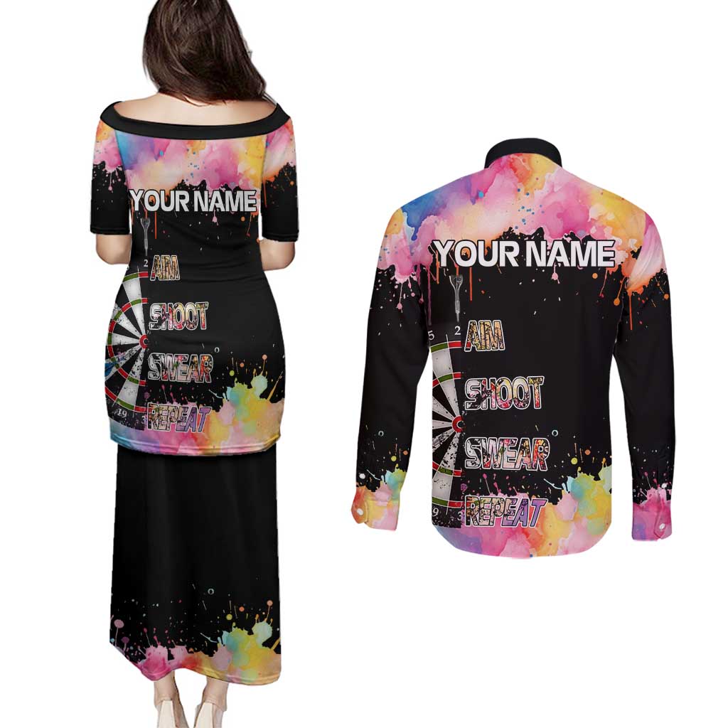 Dartboard and Colorful Paint Splash Darts Couples Matching Puletasi and Long Sleeve Button Shirt with Aim Shoot Swear Repeat Quote Custom Name TS04