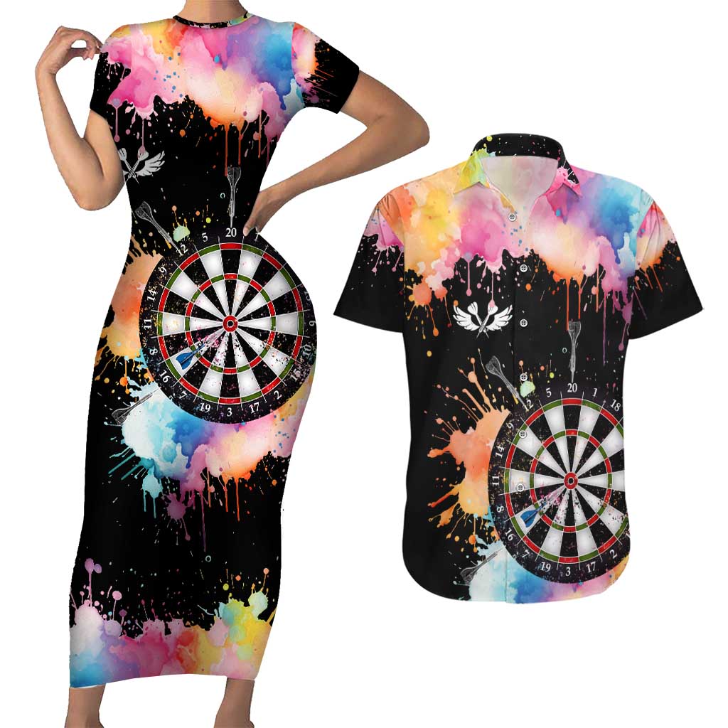 Dartboard and Colorful Paint Splash Darts Couples Matching Short Sleeve Bodycon Dress and Hawaiian Shirt with Aim Shoot Swear Repeat Quote Custom Name TS04