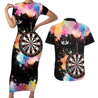 Dartboard and Colorful Paint Splash Darts Couples Matching Short Sleeve Bodycon Dress and Hawaiian Shirt with Aim Shoot Swear Repeat Quote Custom Name TS04