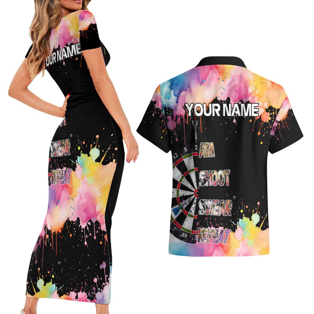 Dartboard and Colorful Paint Splash Darts Couples Matching Short Sleeve Bodycon Dress and Hawaiian Shirt with Aim Shoot Swear Repeat Quote Custom Name TS04