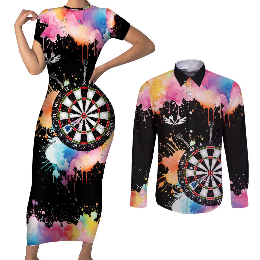 Dartboard and Colorful Paint Splash Darts Couples Matching Short Sleeve Bodycon Dress and Long Sleeve Button Shirt with Aim Shoot Swear Repeat Quote Custom Name TS04
