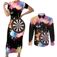 Dartboard and Colorful Paint Splash Darts Couples Matching Short Sleeve Bodycon Dress and Long Sleeve Button Shirt with Aim Shoot Swear Repeat Quote Custom Name TS04