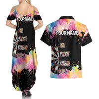 Dartboard and Colorful Paint Splash Darts Couples Matching Summer Maxi Dress and Hawaiian Shirt with Aim Shoot Swear Repeat Quote Custom Name TS04