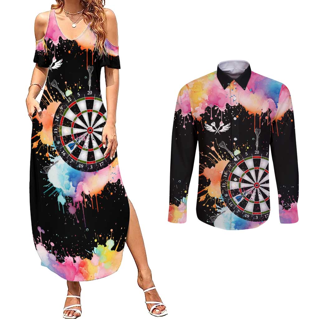 Dartboard and Colorful Paint Splash Darts Couples Matching Summer Maxi Dress and Long Sleeve Button Shirt with Aim Shoot Swear Repeat Quote Custom Name TS04