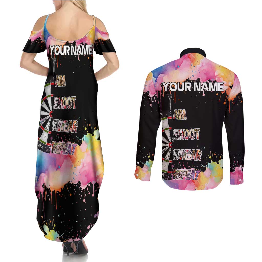 Dartboard and Colorful Paint Splash Darts Couples Matching Summer Maxi Dress and Long Sleeve Button Shirt with Aim Shoot Swear Repeat Quote Custom Name TS04