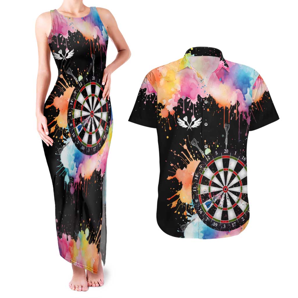 Dartboard and Colorful Paint Splash Darts Couples Matching Tank Maxi Dress and Hawaiian Shirt with Aim Shoot Swear Repeat Quote Custom Name TS04