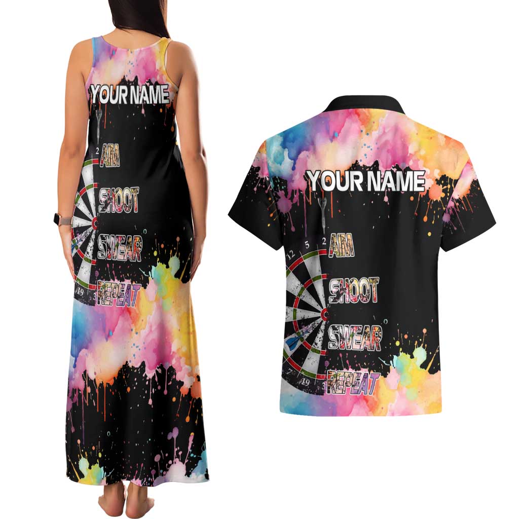 Dartboard and Colorful Paint Splash Darts Couples Matching Tank Maxi Dress and Hawaiian Shirt with Aim Shoot Swear Repeat Quote Custom Name TS04