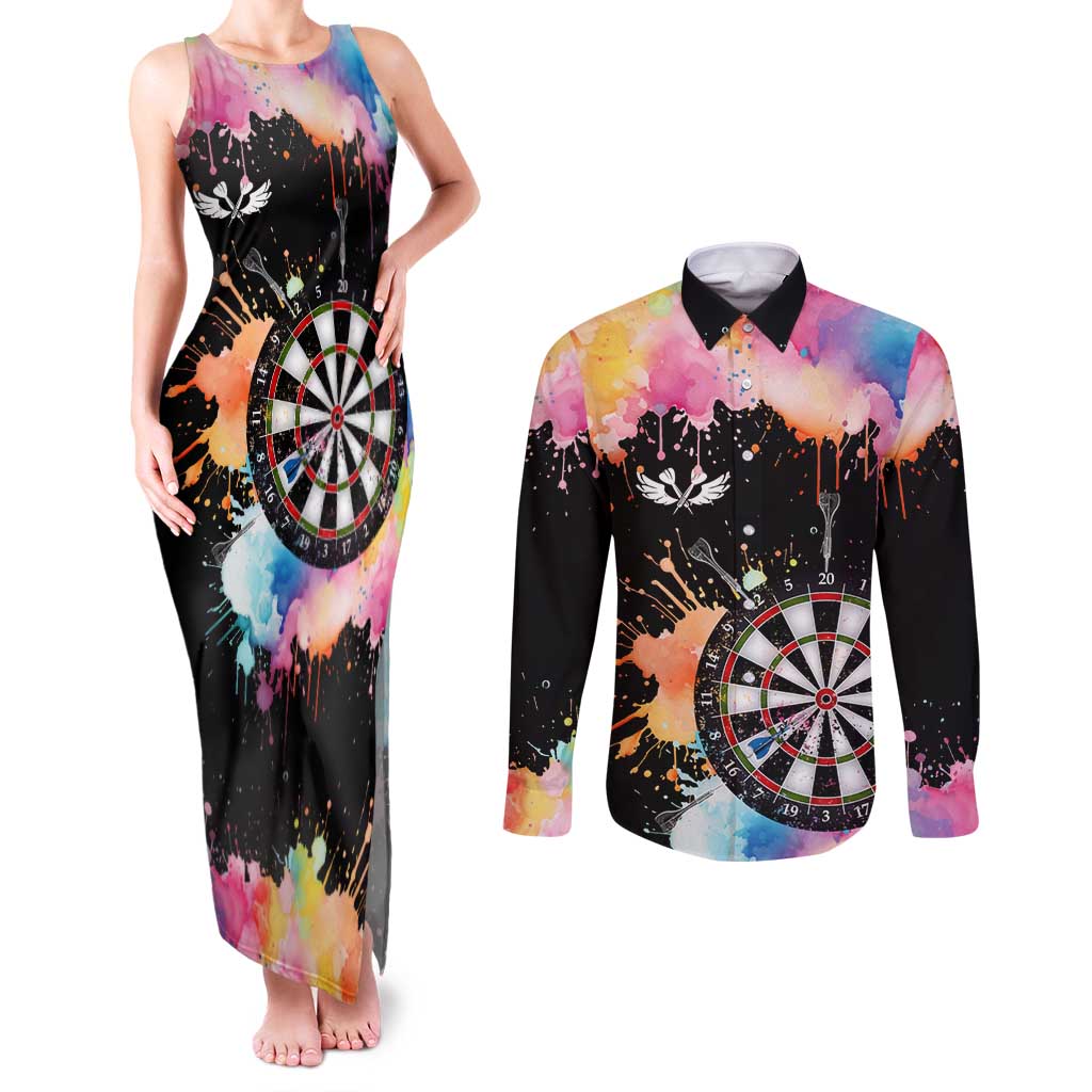 Dartboard and Colorful Paint Splash Darts Couples Matching Tank Maxi Dress and Long Sleeve Button Shirt with Aim Shoot Swear Repeat Quote Custom Name TS04