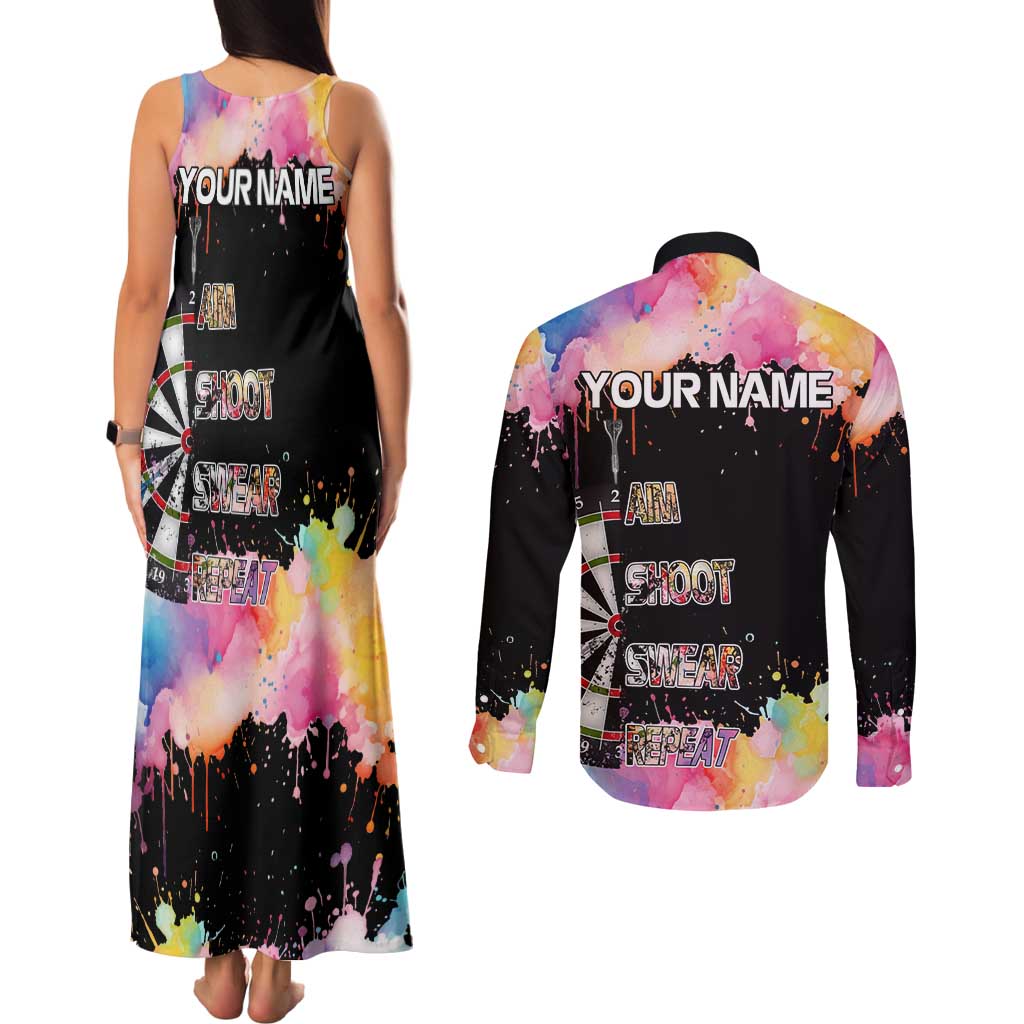 Dartboard and Colorful Paint Splash Darts Couples Matching Tank Maxi Dress and Long Sleeve Button Shirt with Aim Shoot Swear Repeat Quote Custom Name TS04