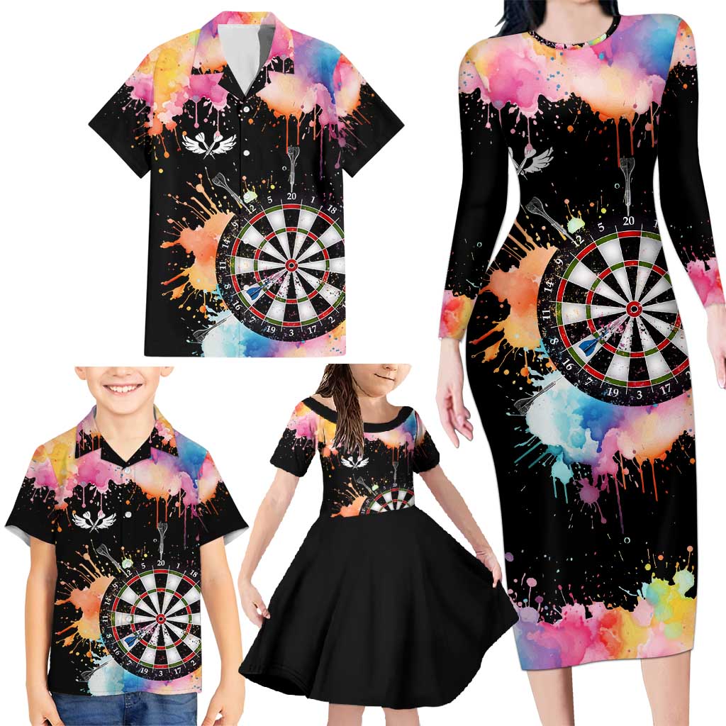 Dartboard and Colorful Paint Splash Darts Family Matching Long Sleeve Bodycon Dress and Hawaiian Shirt with Aim Shoot Swear Repeat Quote Custom Name TS04