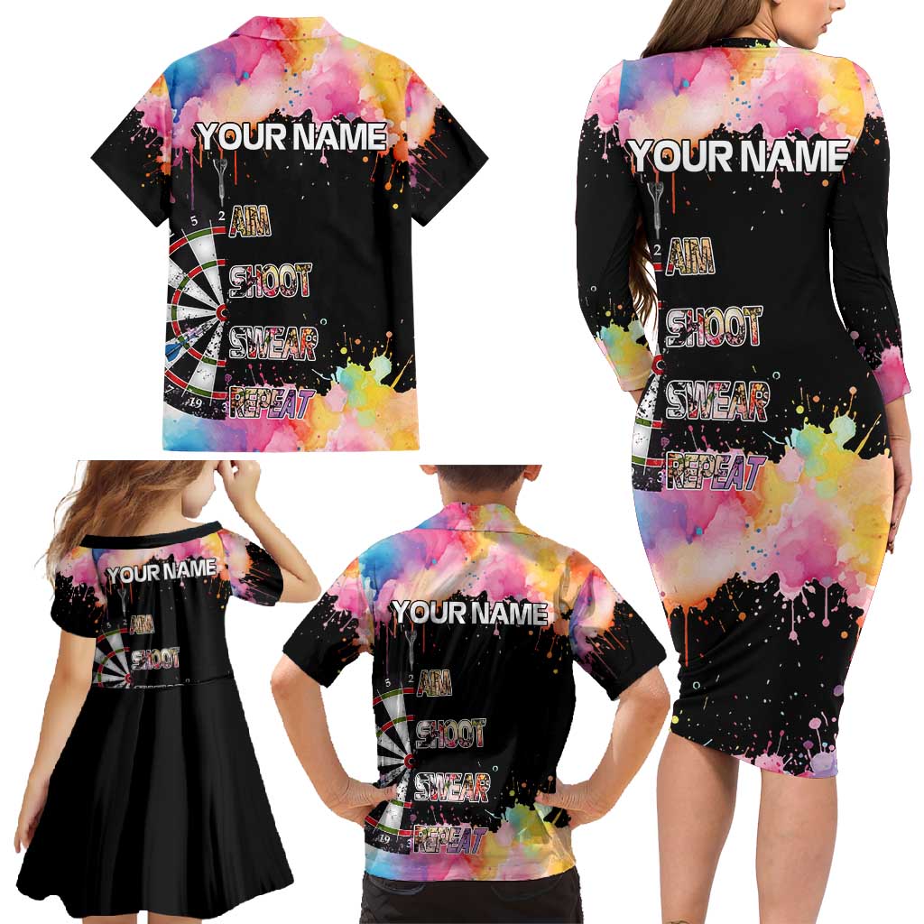 Dartboard and Colorful Paint Splash Darts Family Matching Long Sleeve Bodycon Dress and Hawaiian Shirt with Aim Shoot Swear Repeat Quote Custom Name TS04