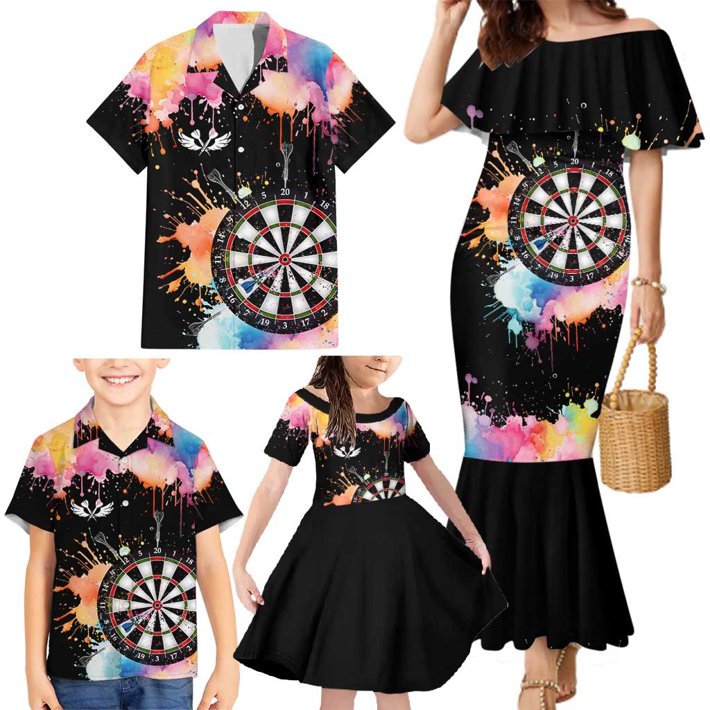 Dartboard and Colorful Paint Splash Darts Family Matching Mermaid Dress and Hawaiian Shirt with Aim Shoot Swear Repeat Quote Custom Name TS04